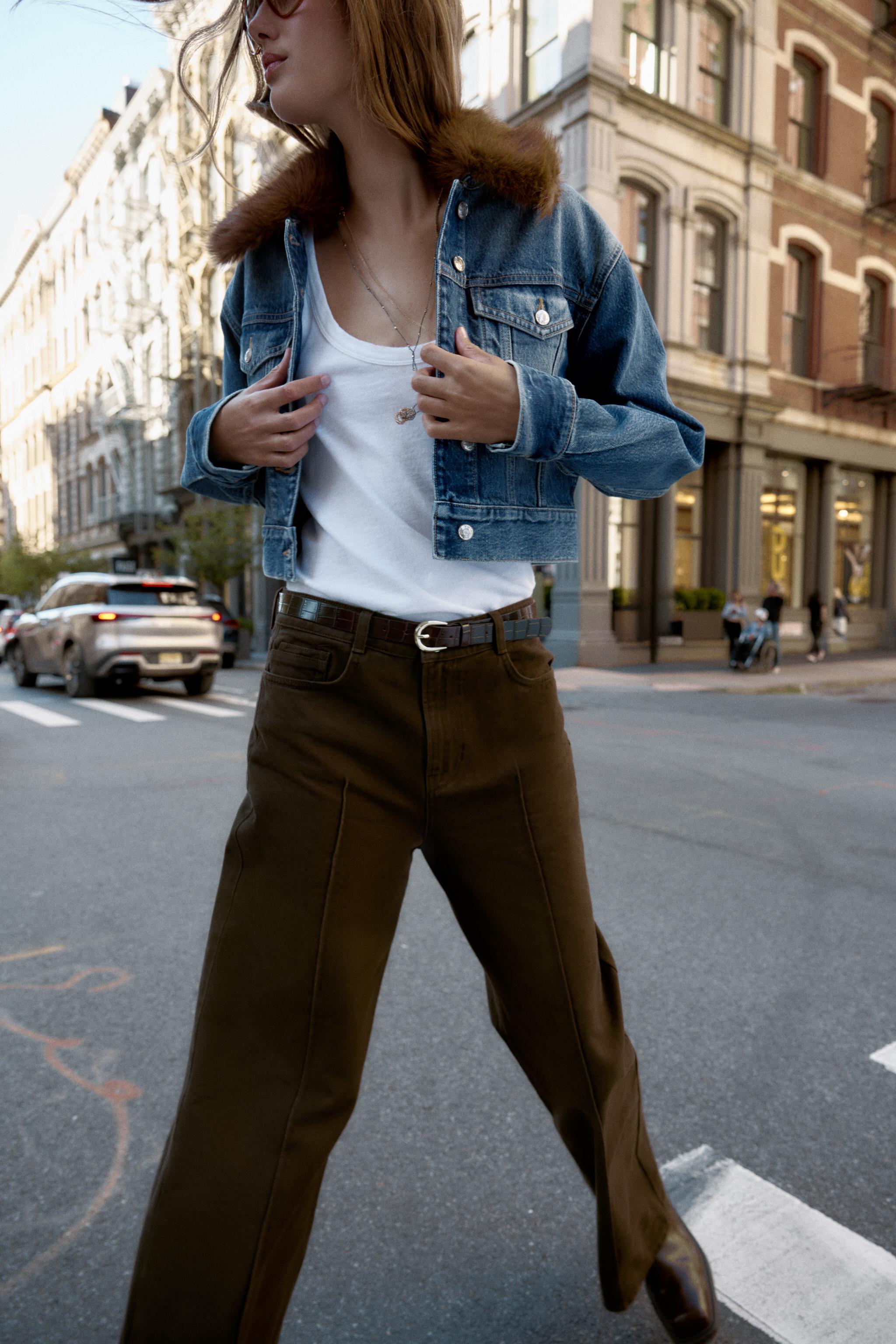 Z1975 FAUX FUR LAPEL CROPPED DENIM JACKET